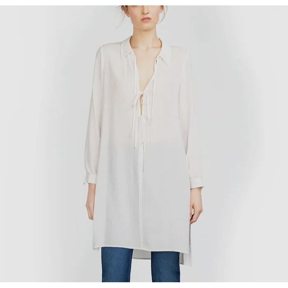 Zara Tunic Shirt Dress Women Size L Ivory Long Sleeve Side Slits V-Neck New